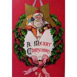 Santa Claus Saint Nicholas Christmas Postcard Hanging Inside Wreath Series 1164